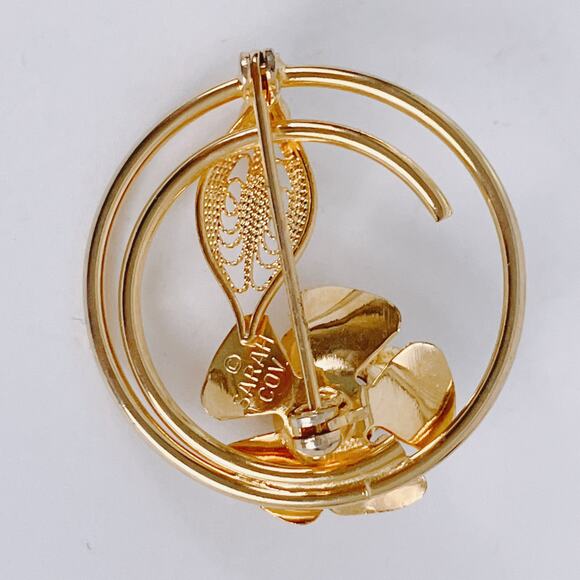 VTG Signed Sarah Coventry Mesh Rose Brooch Gold Tone Filigree Mid Century Pin - Picture 6 of 8
